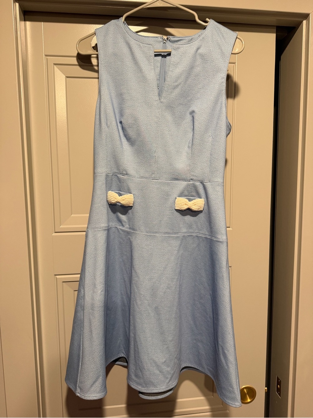 Karl Lagerfeld Paris light blue pearl bow pocket fit and flare dress